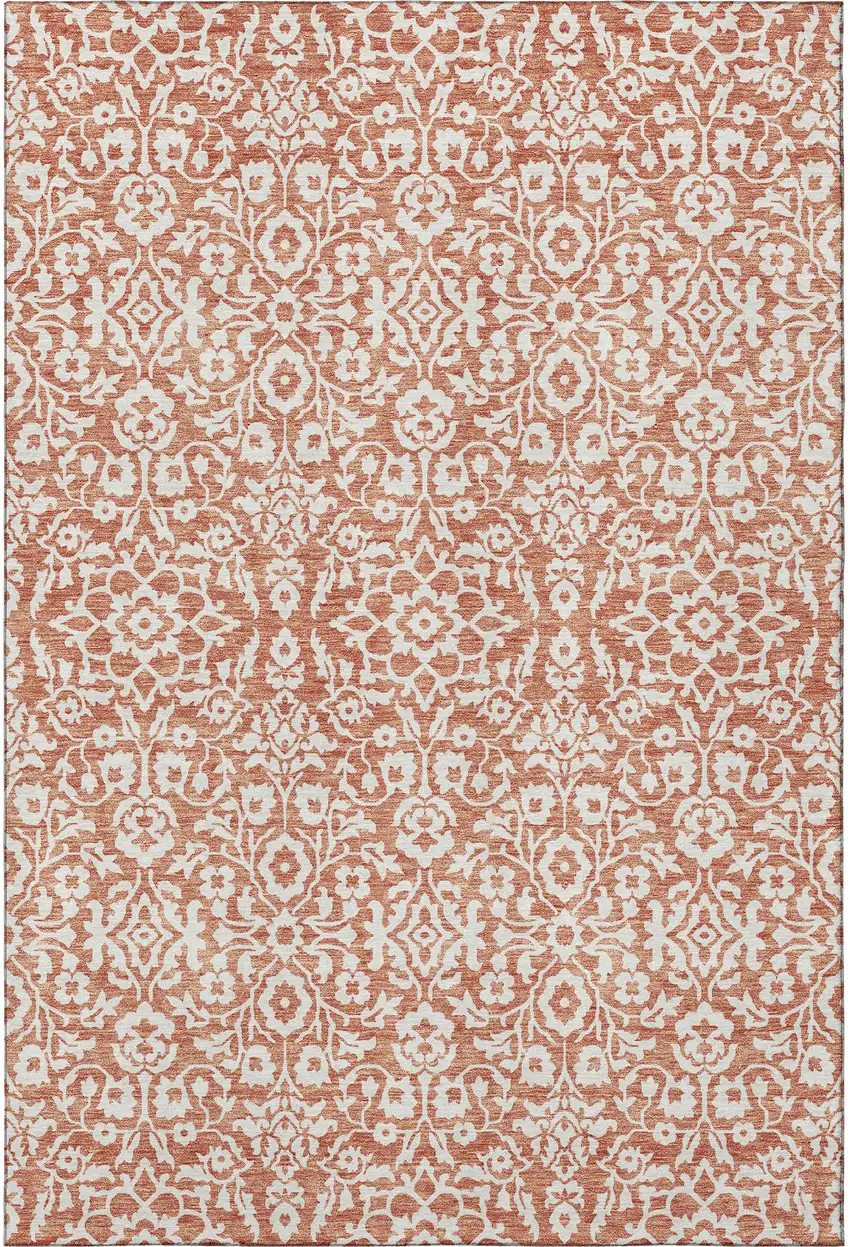 Coral And Beige Damask Washable Area Rug With UV Protection Photo 4