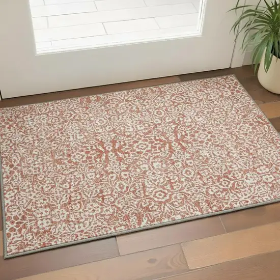 Coral And Beige Damask Washable Area Rug With UV Protection Photo 2