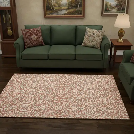 Coral And Beige Damask Washable Area Rug With UV Protection Photo 2