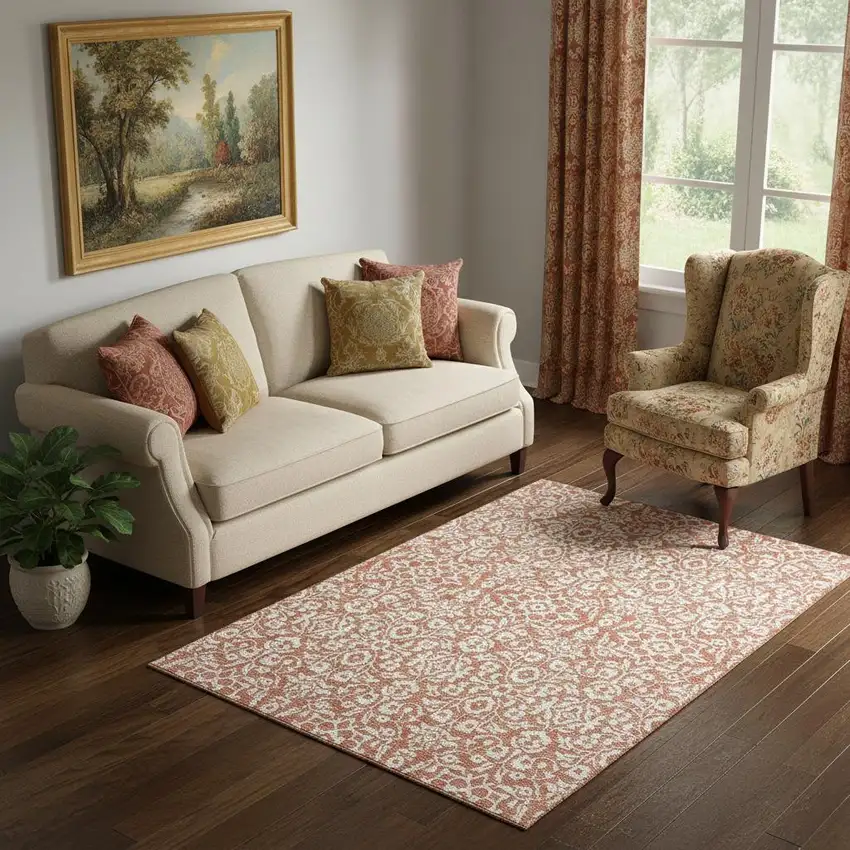 Coral And Beige Damask Washable Area Rug With UV Protection Photo 1