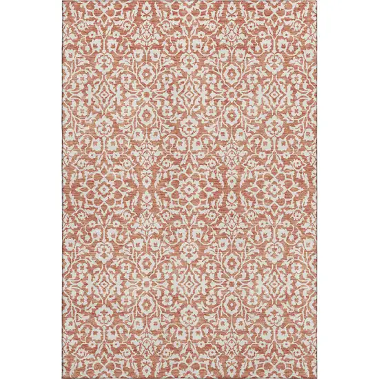 Coral And Beige Damask Washable Area Rug With UV Protection Photo 1