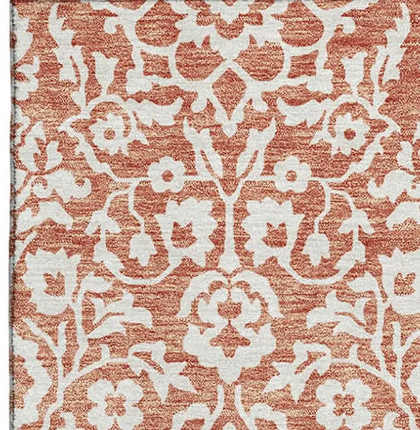Coral And Beige Damask Washable Area Rug With UV Protection Photo 3
