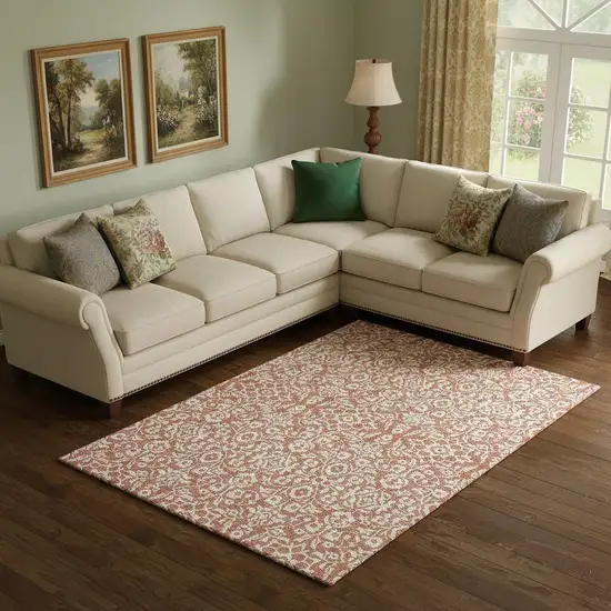 Coral And Beige Damask Washable Area Rug With UV Protection Photo 1