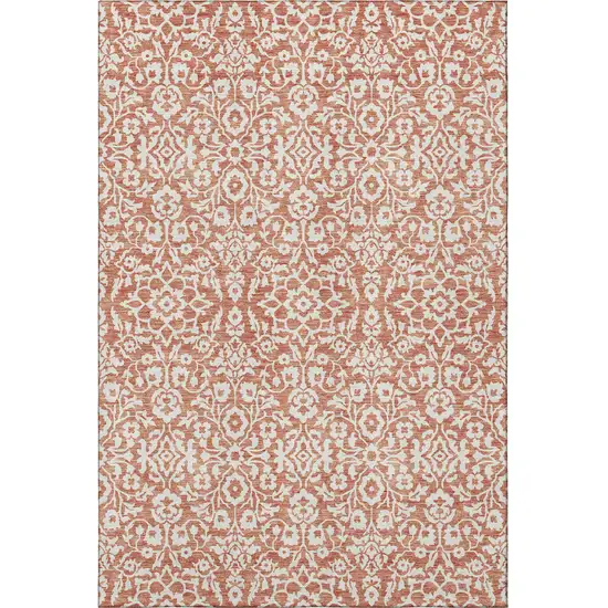 Coral And Beige Damask Washable Area Rug With UV Protection Photo 4
