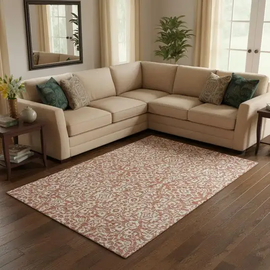 Coral And Beige Damask Washable Area Rug With UV Protection Photo 2