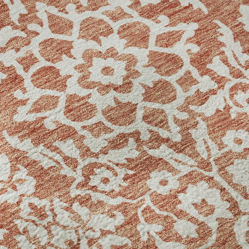 Coral And Beige Damask Washable Area Rug With UV Protection Photo 8