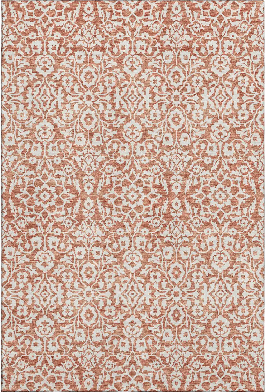 Coral And Beige Damask Washable Area Rug With UV Protection Photo 1