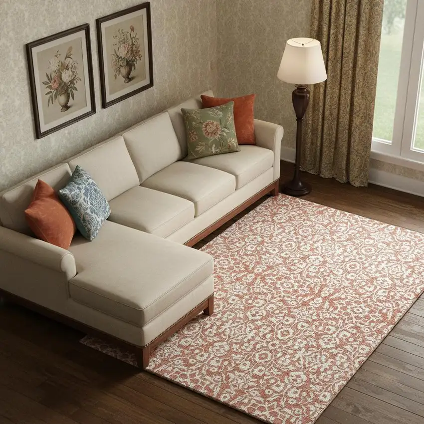 Coral And Beige Damask Washable Area Rug With UV Protection Photo 1