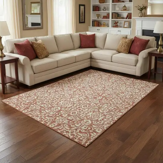 Coral And Beige Damask Washable Area Rug With UV Protection Photo 2