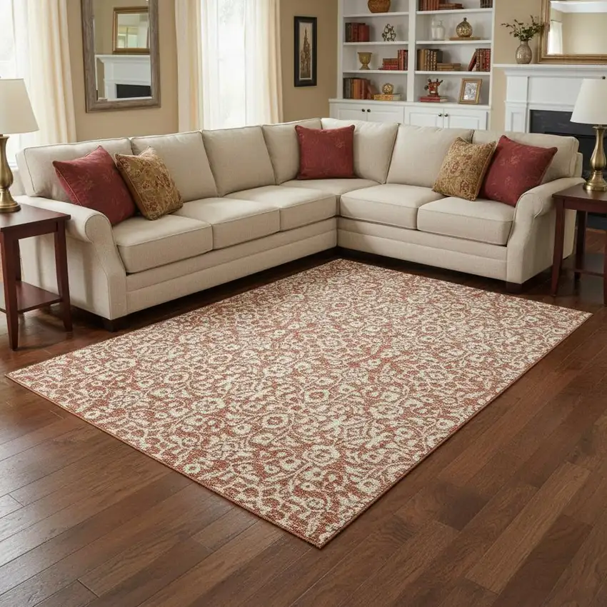 Coral And Beige Damask Washable Area Rug With UV Protection Photo 2