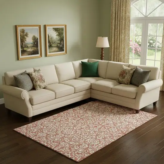 Coral And Beige Damask Washable Area Rug With UV Protection Photo 1