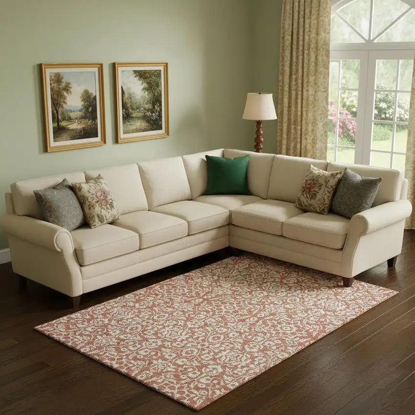 Coral And Beige Damask Washable Area Rug With UV Protection Photo 1