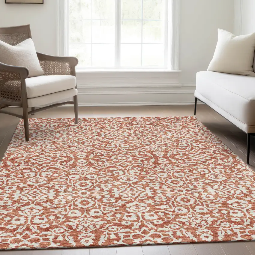 Coral And Beige Damask Washable Area Rug With UV Protection Photo 5