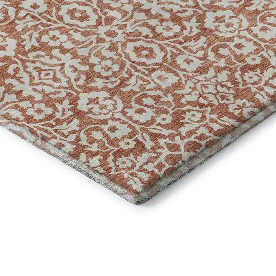 Coral And Beige Damask Washable Area Rug With UV Protection Photo 7
