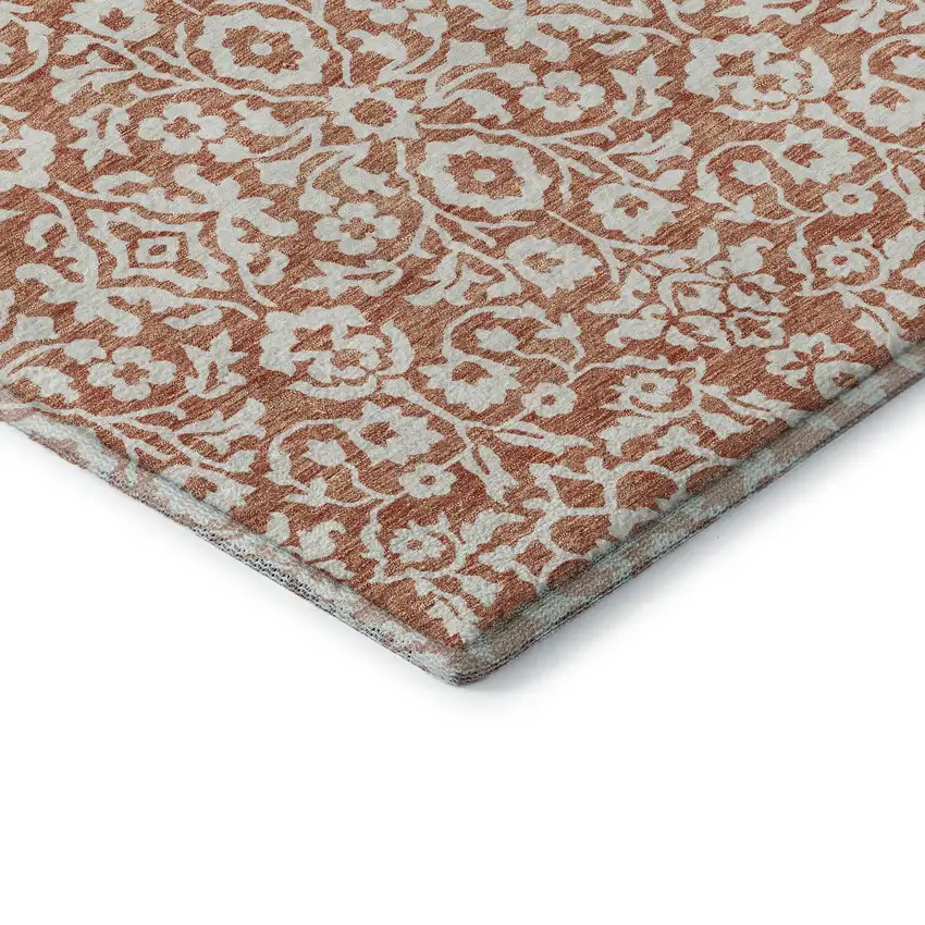 Coral And Beige Damask Washable Area Rug With UV Protection Photo 7