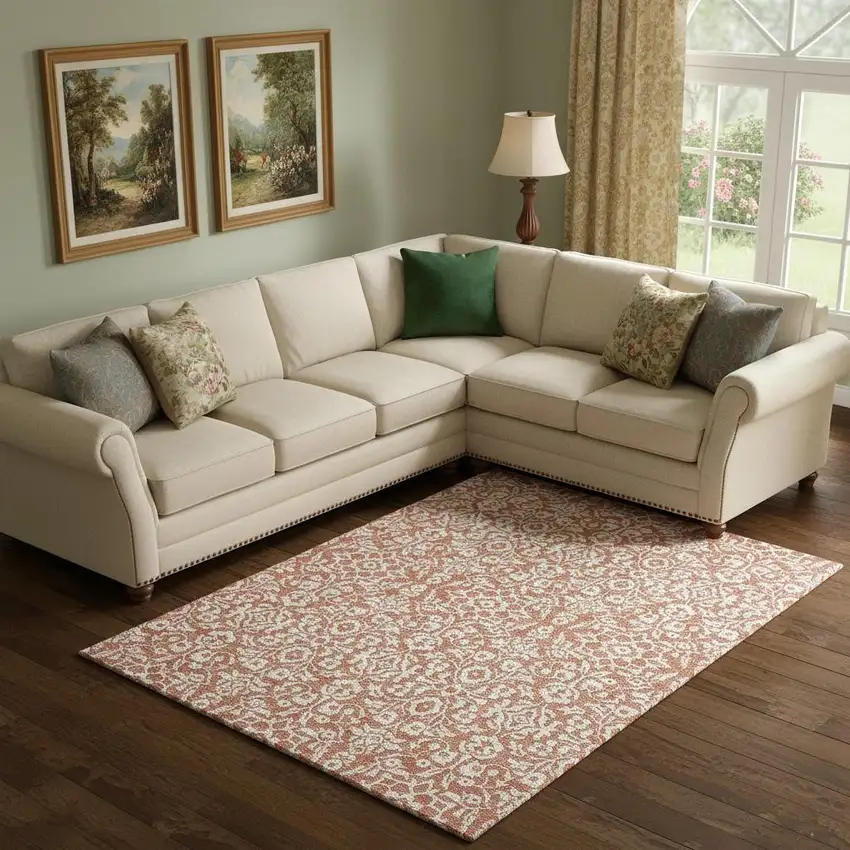 Coral And Beige Damask Washable Area Rug With UV Protection Photo 1