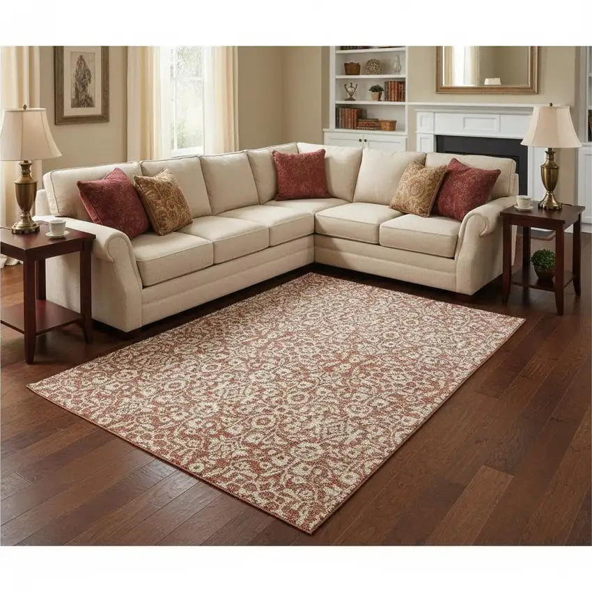 Coral And Beige Damask Washable Area Rug With UV Protection Photo 2