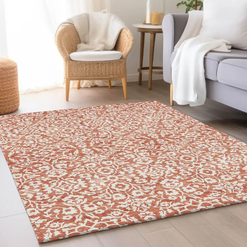 Coral And Beige Damask Washable Area Rug With UV Protection Photo 5