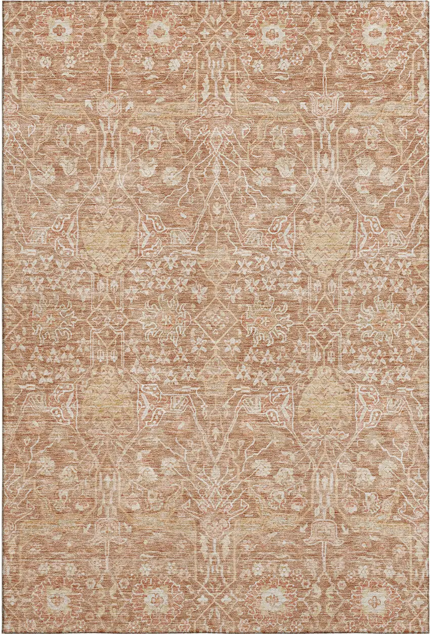 Coral And Beige Floral Washable Area Rug With UV Protection Photo 1