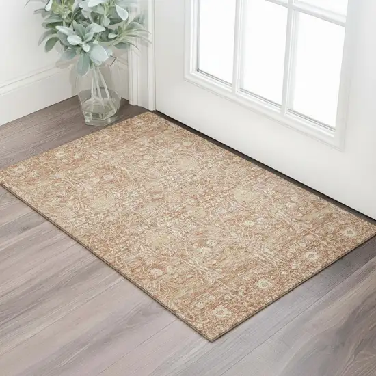 Coral And Beige Floral Washable Area Rug With UV Protection Photo 2