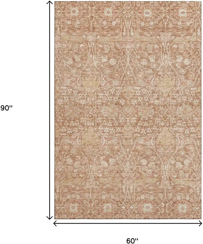 Coral And Beige Floral Washable Area Rug With UV Protection Photo 9