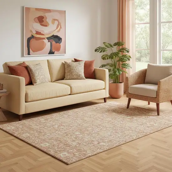 Coral And Beige Floral Washable Area Rug With UV Protection Photo 2