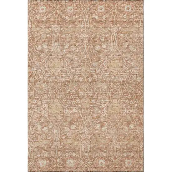 Coral And Beige Floral Washable Area Rug With UV Protection Photo 2
