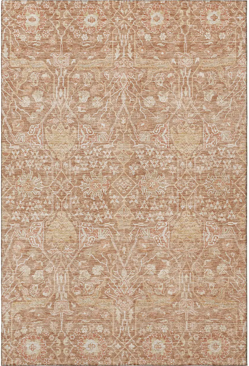 Coral And Beige Floral Washable Area Rug With UV Protection Photo 2