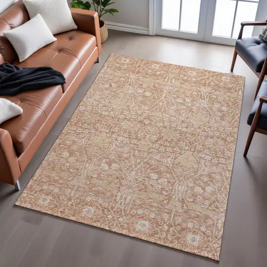 Coral And Beige Floral Washable Area Rug With UV Protection Photo 4