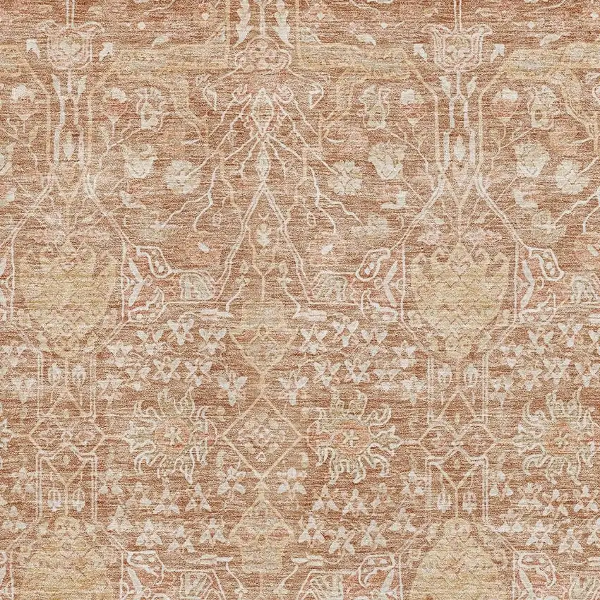 Coral And Beige Floral Washable Area Rug With UV Protection Photo 2