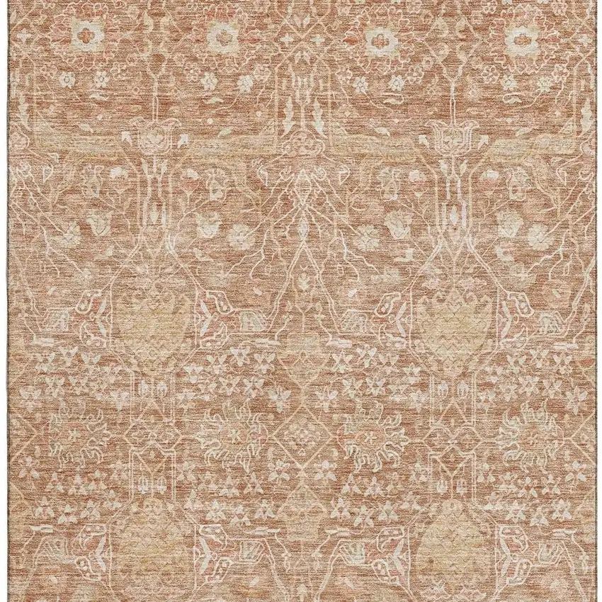 Coral And Beige Floral Washable Area Rug With UV Protection Photo 3