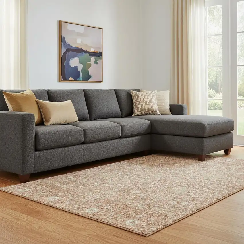 Coral And Beige Floral Washable Area Rug With UV Protection Photo 2