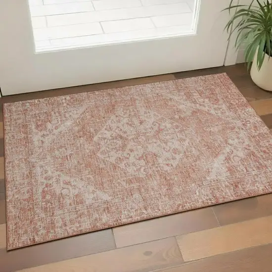 Coral And Beige Medallion Washable Area Rug With UV Protection Photo 2