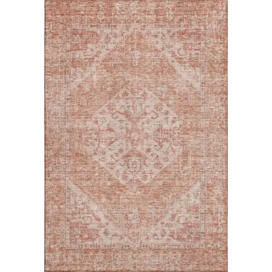 Coral And Beige Medallion Washable Area Rug With UV Protection Photo 1