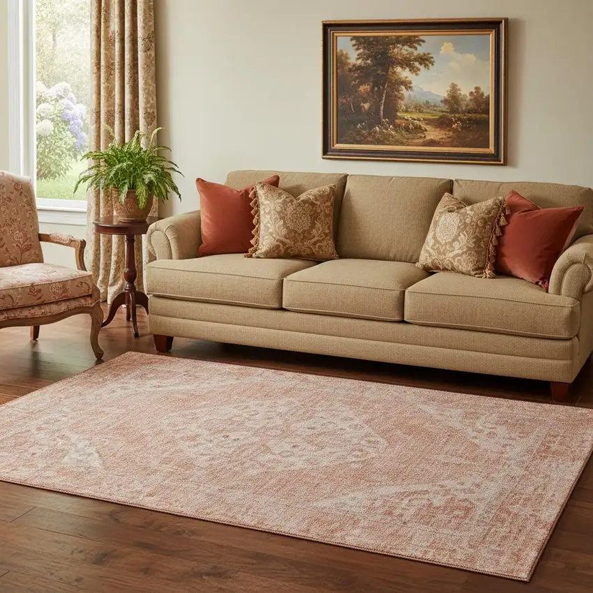 Coral And Beige Medallion Washable Area Rug With UV Protection Photo 2