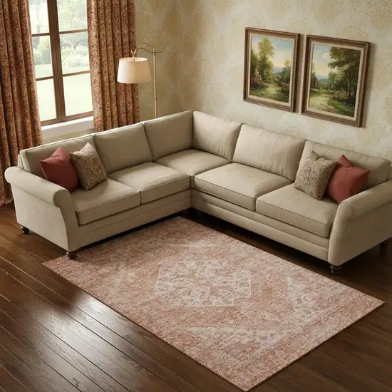 Coral And Beige Medallion Washable Area Rug With UV Protection Photo 2