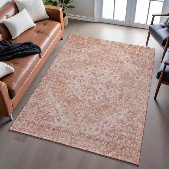 Coral And Beige Medallion Washable Area Rug With UV Protection Photo 5