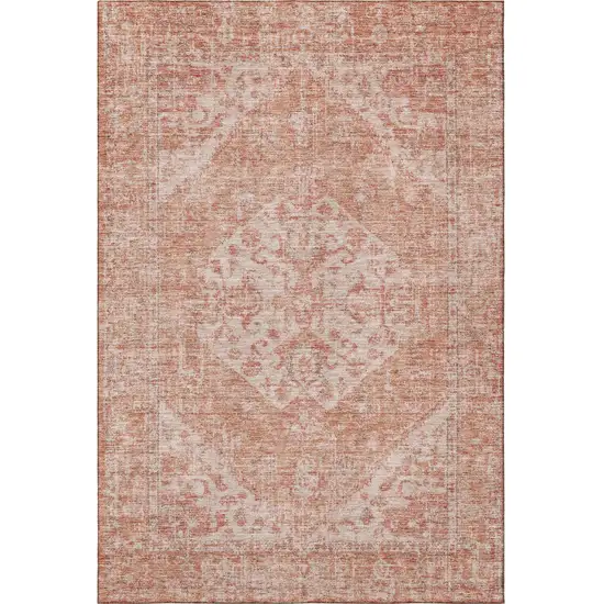 Coral And Beige Medallion Washable Area Rug With UV Protection Photo 3