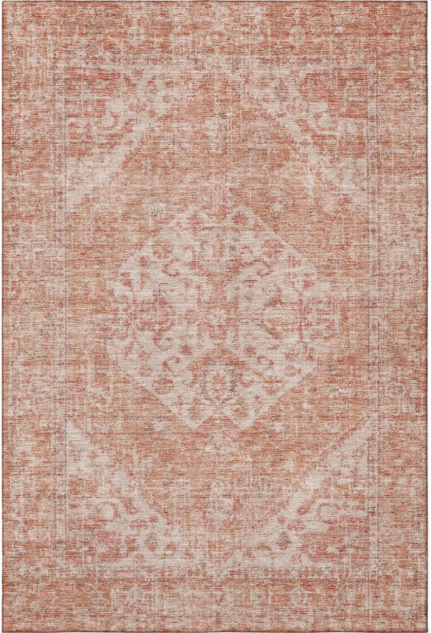 Coral And Beige Medallion Washable Area Rug With UV Protection Photo 3