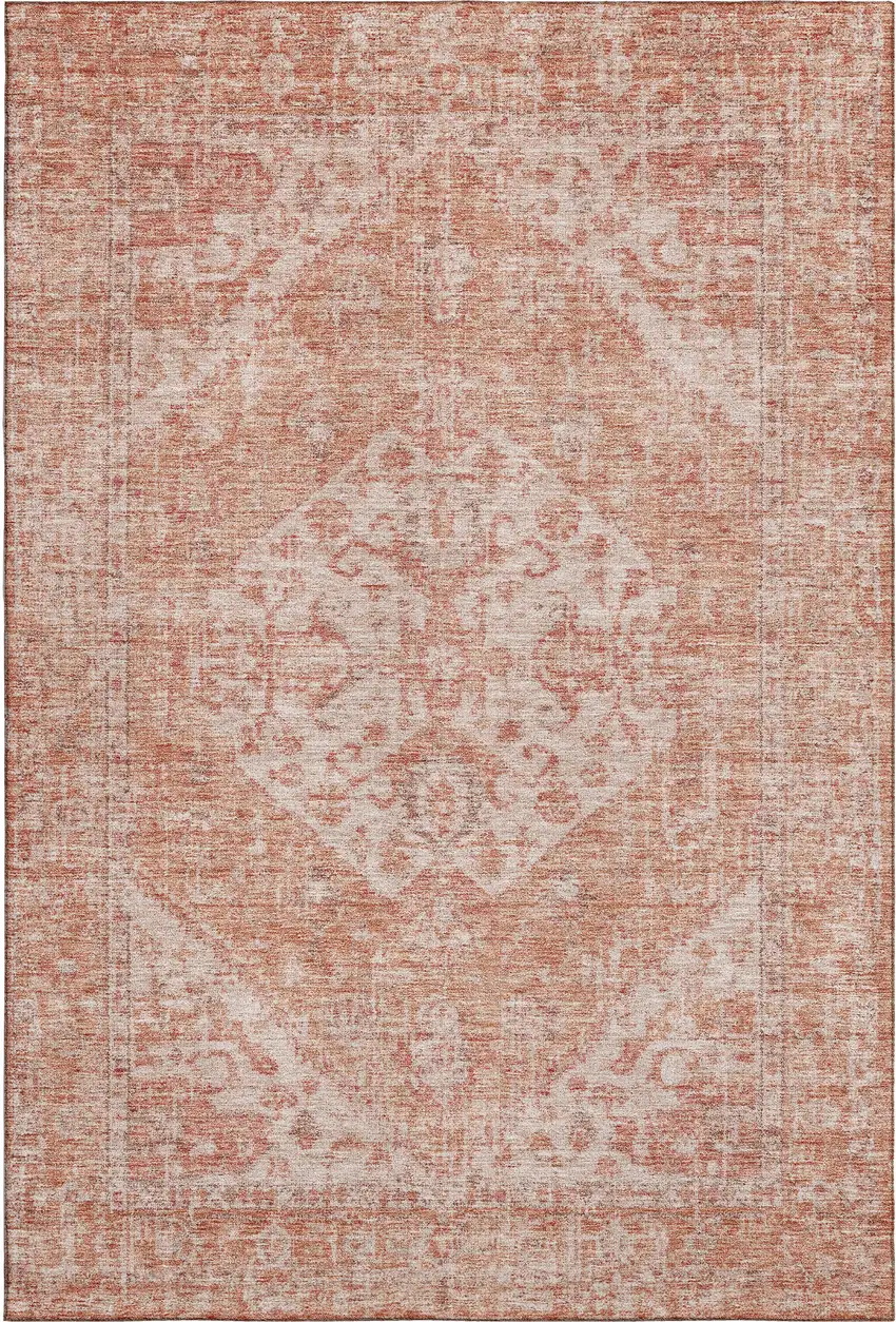 Coral And Beige Medallion Washable Area Rug With UV Protection Photo 1