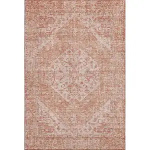 Photo of Coral And Beige Medallion Washable Area Rug With UV Protection