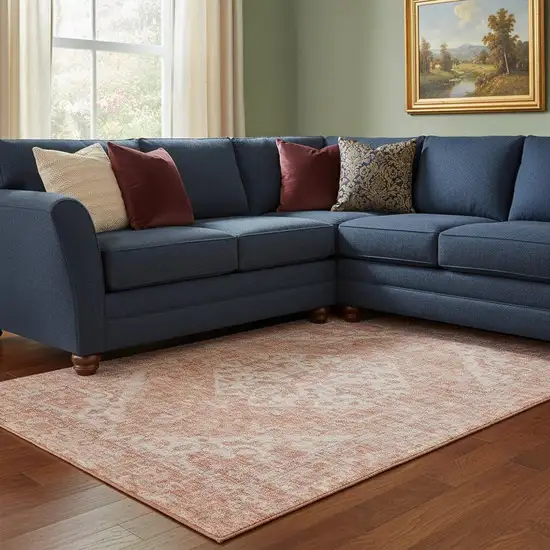 Coral And Beige Medallion Washable Area Rug With UV Protection Photo 2