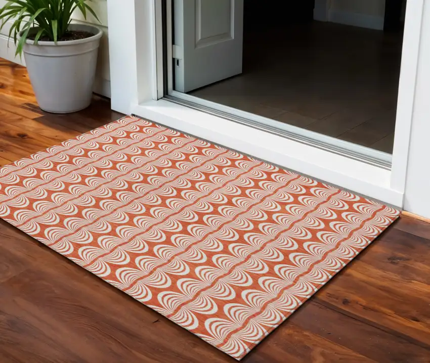 Coral And Beige Ogee Washable Indoor Outdoor Area Rug Photo 1