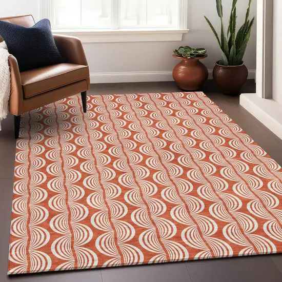 Coral And Beige Ogee Washable Indoor Outdoor Area Rug Photo 8