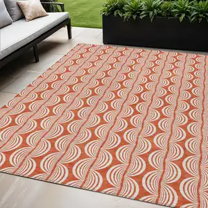 Photo of Coral And Beige Ogee Washable Indoor Outdoor Area Rug