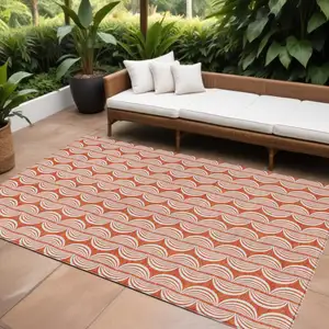 Photo of Coral And Beige Ogee Washable Indoor Outdoor Area Rug
