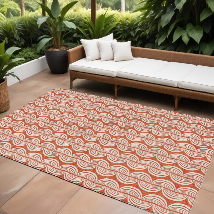 Coral And Beige Ogee Washable Indoor Outdoor Area Rug Photo 1