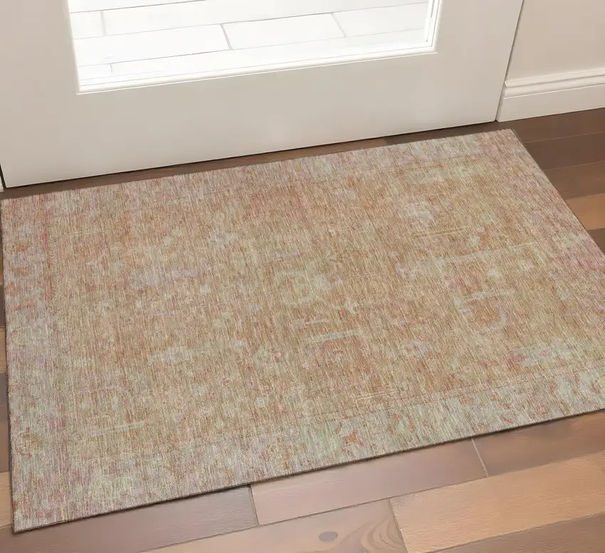 Coral And Beige Oriental Washable Area Rug With UV Protection Photo 1