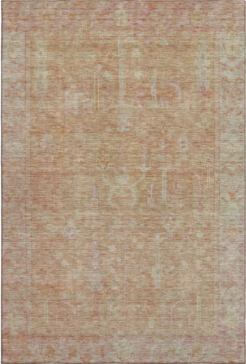 Coral And Beige Oriental Washable Area Rug With UV Protection Photo 3