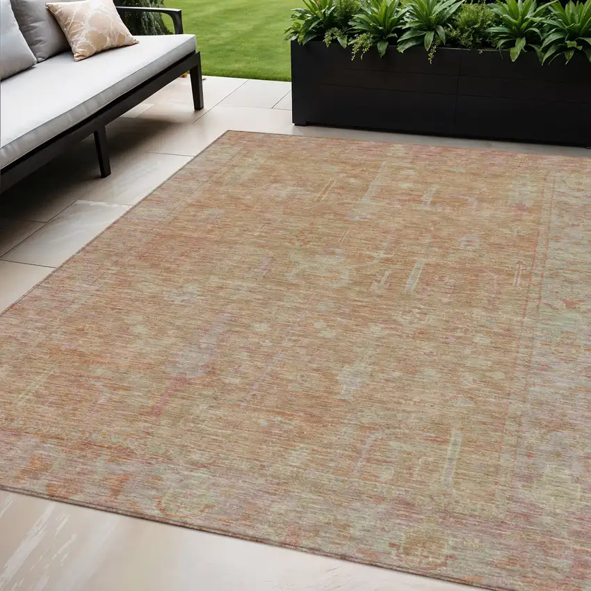 Coral And Beige Oriental Washable Indoor Outdoor Area Rug Photo 1